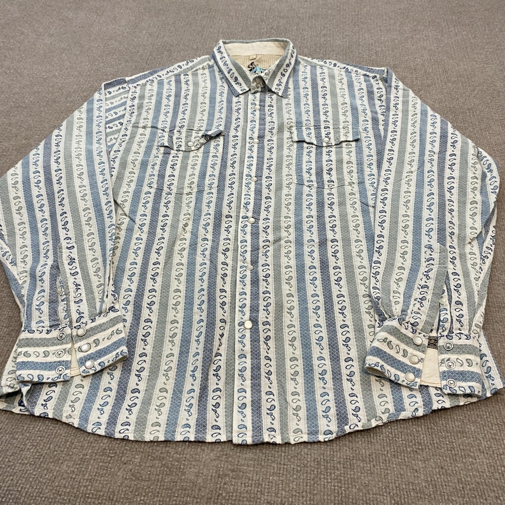 VTG Scully Shirt Men XL Blue Stripe Western Snap Front Long Sleeve Paisley Aztec